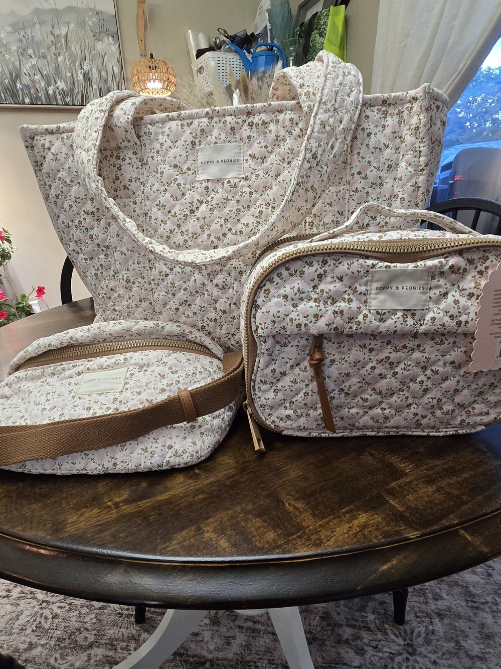Poppy & Peonies Brown And Pink Floral Quilted On The Go Tote and Accessories Set